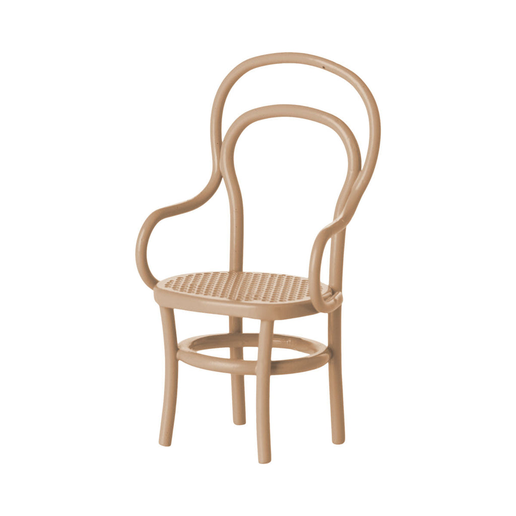 childrens dollshouse Dark powder metal chair with a woven seat on a white background