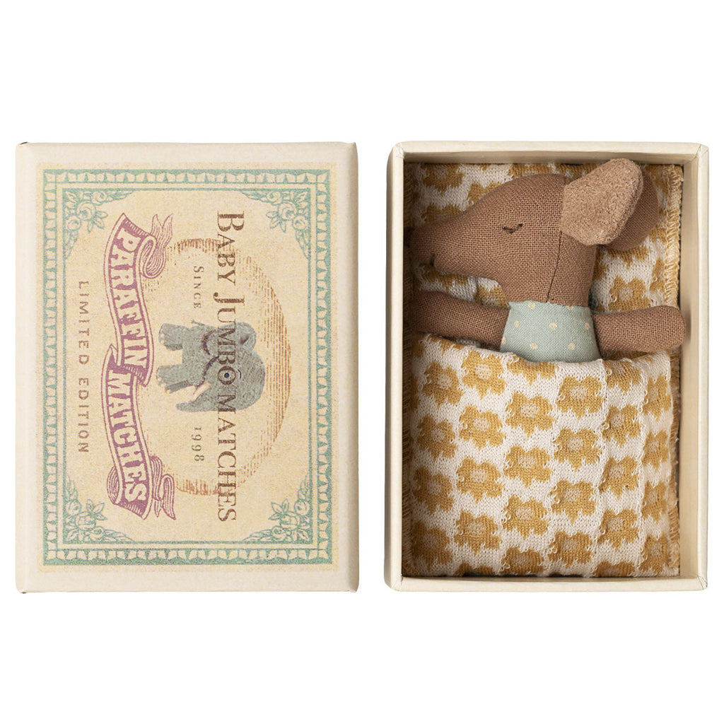 Small stuffed maileg mouse toy in a decorative matchbox 