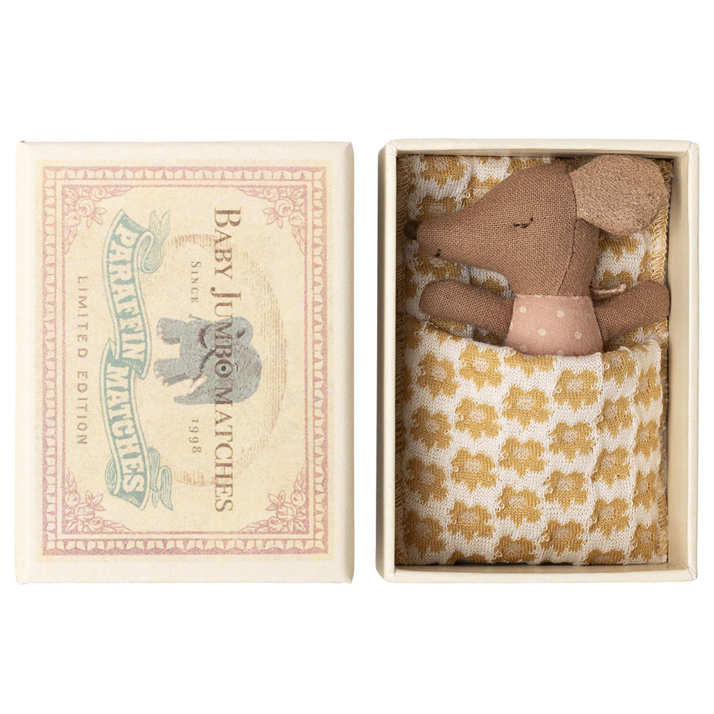 Small stuffed maileg mouse toy in a decorative matchbox 