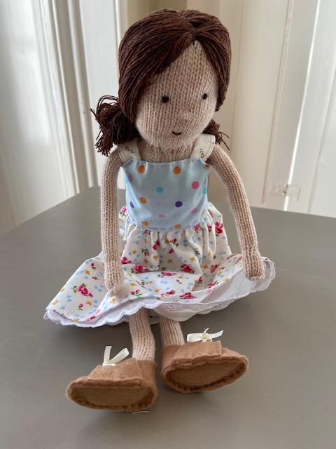 Laura Long Hand Knitted Big Dolly Brown Hair Blue Dotty