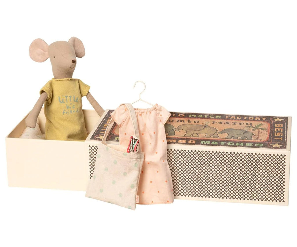 Maileg Medium Girl Mouse in a Jumbo Matchbox with Extra Outfit